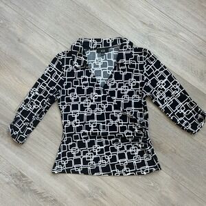 AGB Faux Wrap Top Women Size Small Black/White Slinky Knit 3/4 Sleeve Y2K 90s